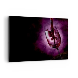 Cuadro sobre lienzo - Impresión de Imagen - Vino tinto vertido en una copa sobre un fondo de humo púrpura. - 120x80cm - ¿Escarlata? ¿Carmín? No, rubí. - Decoración de pared moderna para salón y dormitorio ARTTOR