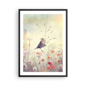 Póster en marco negro - Un pájaro en un prado en delicados colores pastel. - 50x70cm - Retrato de pájaro con prado de fondo - Decoración de pared moderna para salón y dormitorio ARTTOR