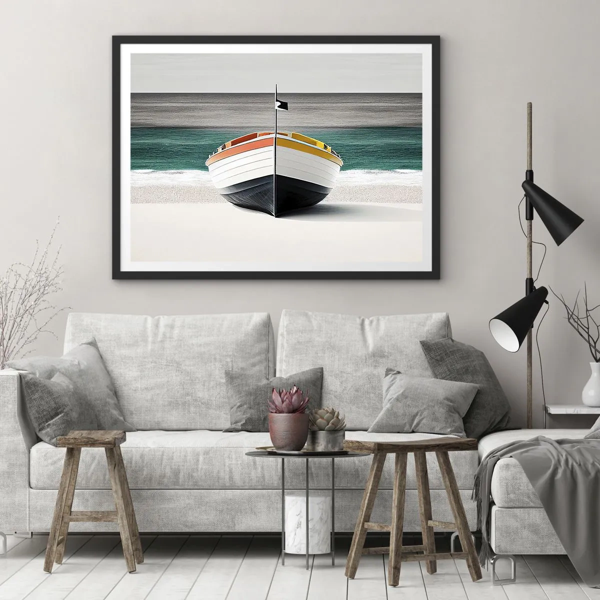 Póster en marco negro - Un barco en la playa con un mar turquesa al fondo. - 70x50cm - En su lugar exacto - Decoración de pared moderna para salón y dormitorio ARTTOR