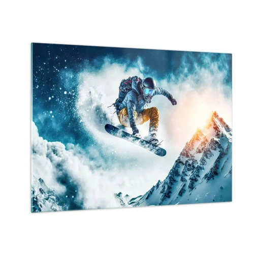 Cuadro sobre vidrio - Impresiones sobre Vidrio - Un snowboarder vuela sobre montañas nevadas. - 70x50cm - Emociones extremas - Decoración de pared moderna para salón y dormitorio ARTTOR