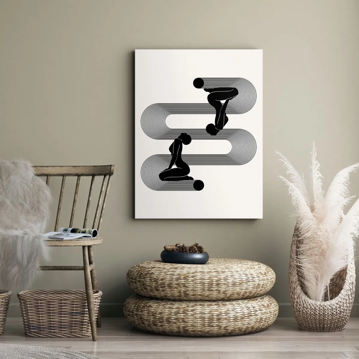 Cuadro sobre lienzo - Impresión de Imagen - Siluetas negras con líneas geométricas sobre un fondo claro - 50x70cm - Simetría sensual - Decoración de pared moderna para salón y dormitorio ARTTOR