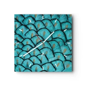 Reloj de pared - Reloj de vidrio - Un patrón que se asemeja a escamas turquesas con acentos dorados. - 30x30cm - La gran gala de las plumas - Decoración de pared moderna para salón y dormitorio ARTTOR