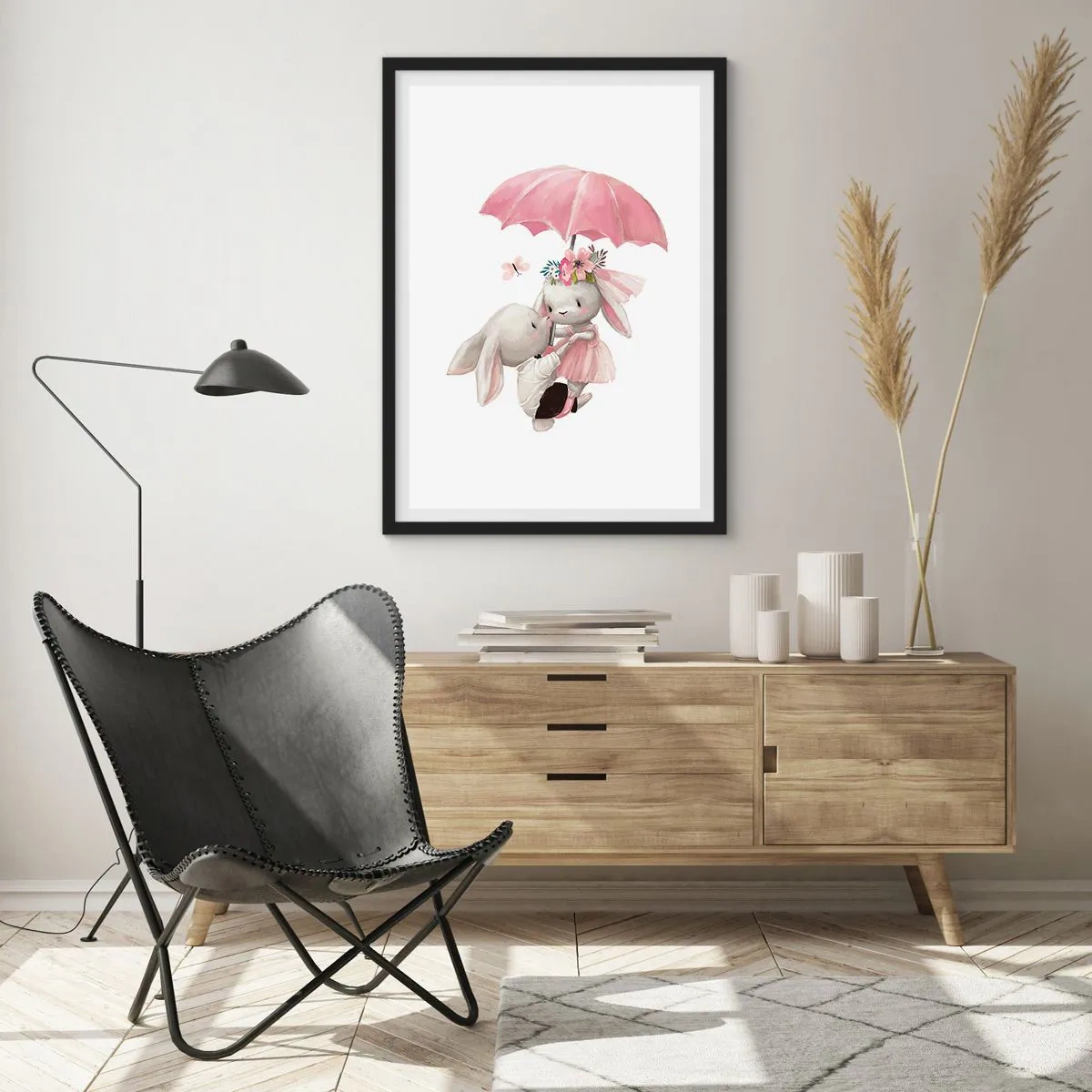 Póster en marco negro - Lindos conejitos bajo una sombrilla rosa - 50x70cm - Esto es amor - Decoración de pared moderna para salón y dormitorio ARTTOR