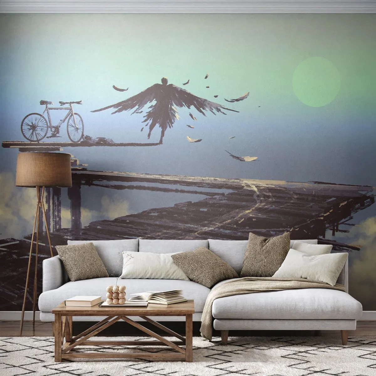 Fotomural Premium Sand - Una figura con alas negras al final de un puente de madera. - 100x70cm - Ícaro eternamente vivo - Decoración de pared moderna para salón y dormitorio ARTTOR