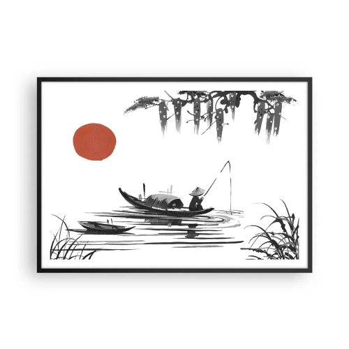 Póster en marco negro - Paisaje oriental con un pescador en un barco y un sol rojo. - 100x70cm - Una tarde asiática - Decoración de pared moderna para salón y dormitorio ARTTOR