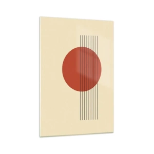 Cuadro sobre vidrio - Impresiones sobre Vidrio - Círculo rojo abstracto con líneas sobre fondo beige. - 70x100cm - Cruzando el círculo - Decoración de pared moderna para salón y dormitorio ARTTOR