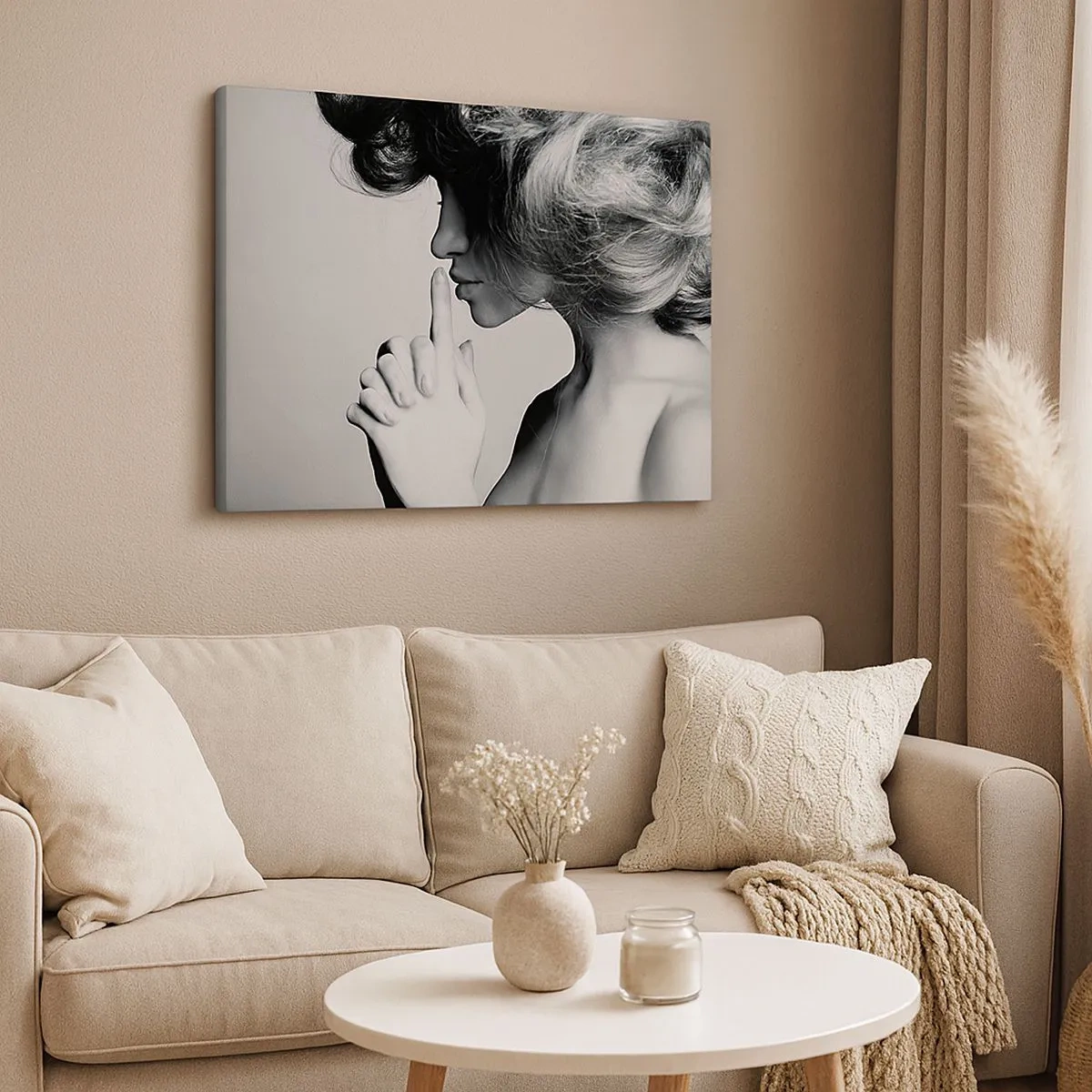 Cuadro sobre lienzo - Impresión de Imagen - Perfil en blanco y negro de una mujer haciendo un gesto de silencio. - 70x50cm - Escucharme a mí misma - Decoración de pared moderna para salón y dormitorio ARTTOR