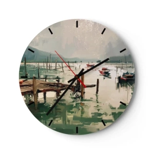 Reloj de pared - Reloj de vidrio - Un muelle atmosférico con barcos en aguas tranquilas. - 30x30cm - Empapado en la luna fundida - Decoración de pared moderna para salón, cocina y dormitorio ARTTOR
