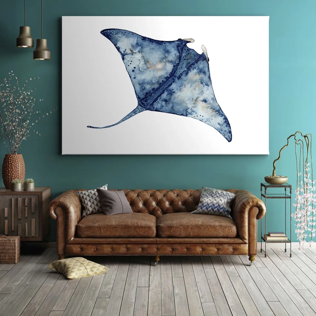 Cuadro sobre lienzo - Impresión de Imagen - Raya azul en estilo acuarela sobre fondo blanco - 70x50cm - La vida en azul - Decoración de pared moderna para salón y dormitorio ARTTOR