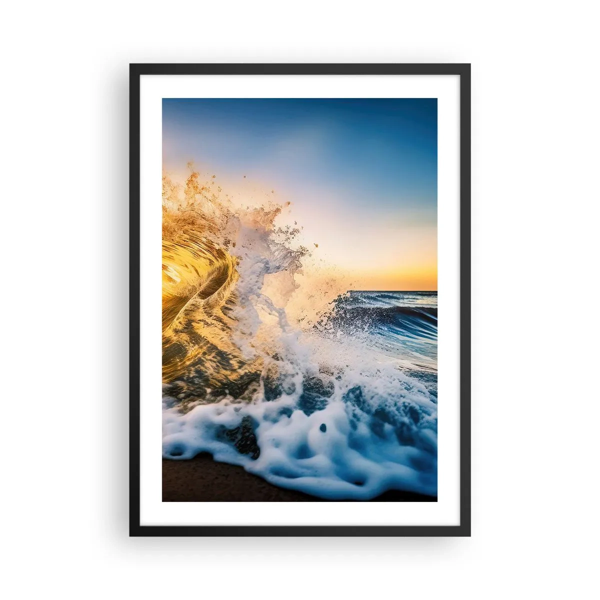 Póster en marco negro - Una ola de mar dinámica rompiendo en la orilla al atardecer. - 50x70cm - Jugando en la arena - Decoración de pared moderna para salón y dormitorio ARTTOR