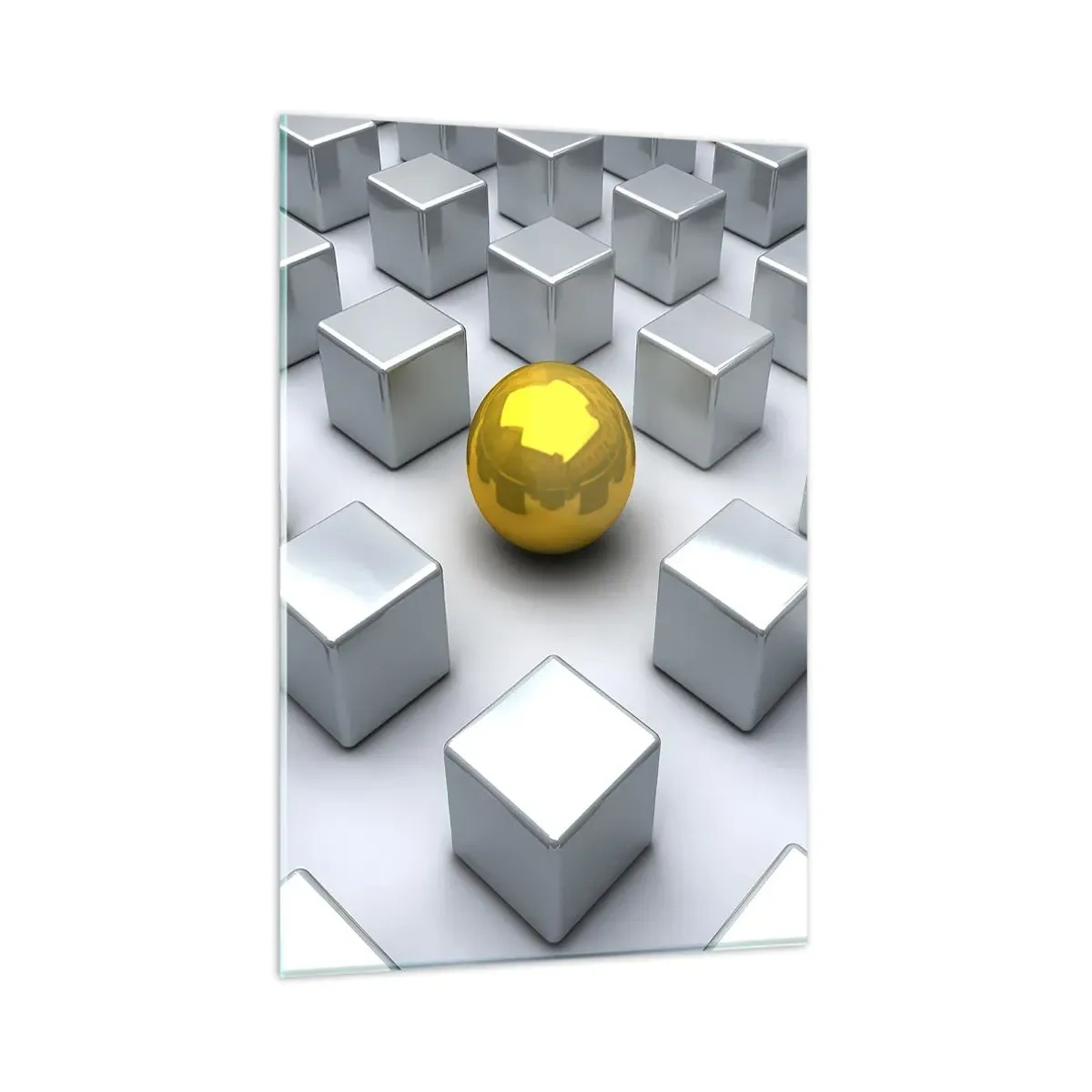 Cuadro sobre vidrio - Impresiones sobre Vidrio - Una esfera dorada que destaca entre los cubos plateados. - 80x120cm - ¿Por qué yo? Composición geométrica - Decoración de pared moderna para salón y dormitorio ARTTOR