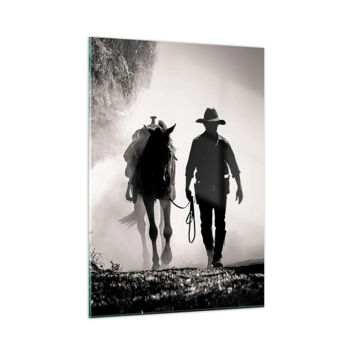 Cuadro sobre vidrio - Impresiones sobre Vidrio - Silueta de un vaquero guiando a un caballo a través de un paisaje brumoso - 50x70cm - La mañana de Texas - Decoración de pared moderna para salón y dormitorio ARTTOR