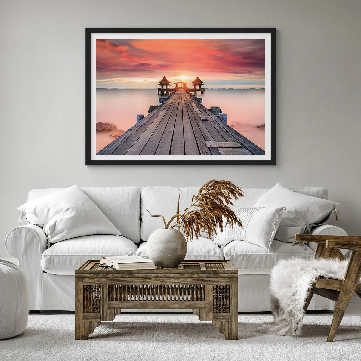 Póster en marco negro - Muelle de madera que conduce a los miradores al atardecer - 70x50cm - De este a oeste - Decoración de pared moderna para salón y dormitorio ARTTOR