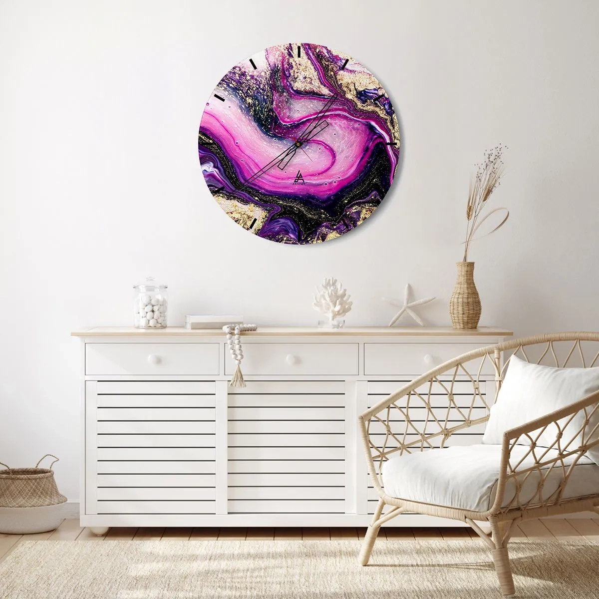 Reloj de pared - Reloj de vidrio - Un patrón abstracto en tonos morados y dorados con un motivo en espiral. - 30x30cm - Un momento abstracto - Decoración de pared moderna para salón, cocina y dormitorio ARTTOR