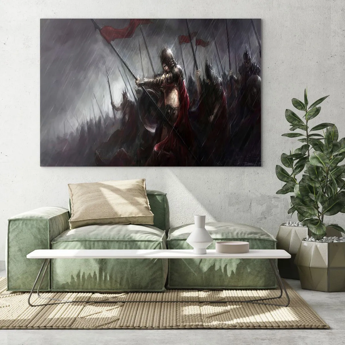 Cuadro sobre vidrio - Impresiones sobre Vidrio - Caballeros bajo la lluvia en el campo de batalla con todo el equipo - 70x50cm - Unidos somos más fuertes - Decoración de pared moderna para salón y dormitorio ARTTOR