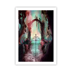 Póster - Una puerta misteriosa en el bosque con un fondo colorido. - 50x70cm - Jardín secreto - Decoración de pared moderna para salón y dormitorio ARTTOR