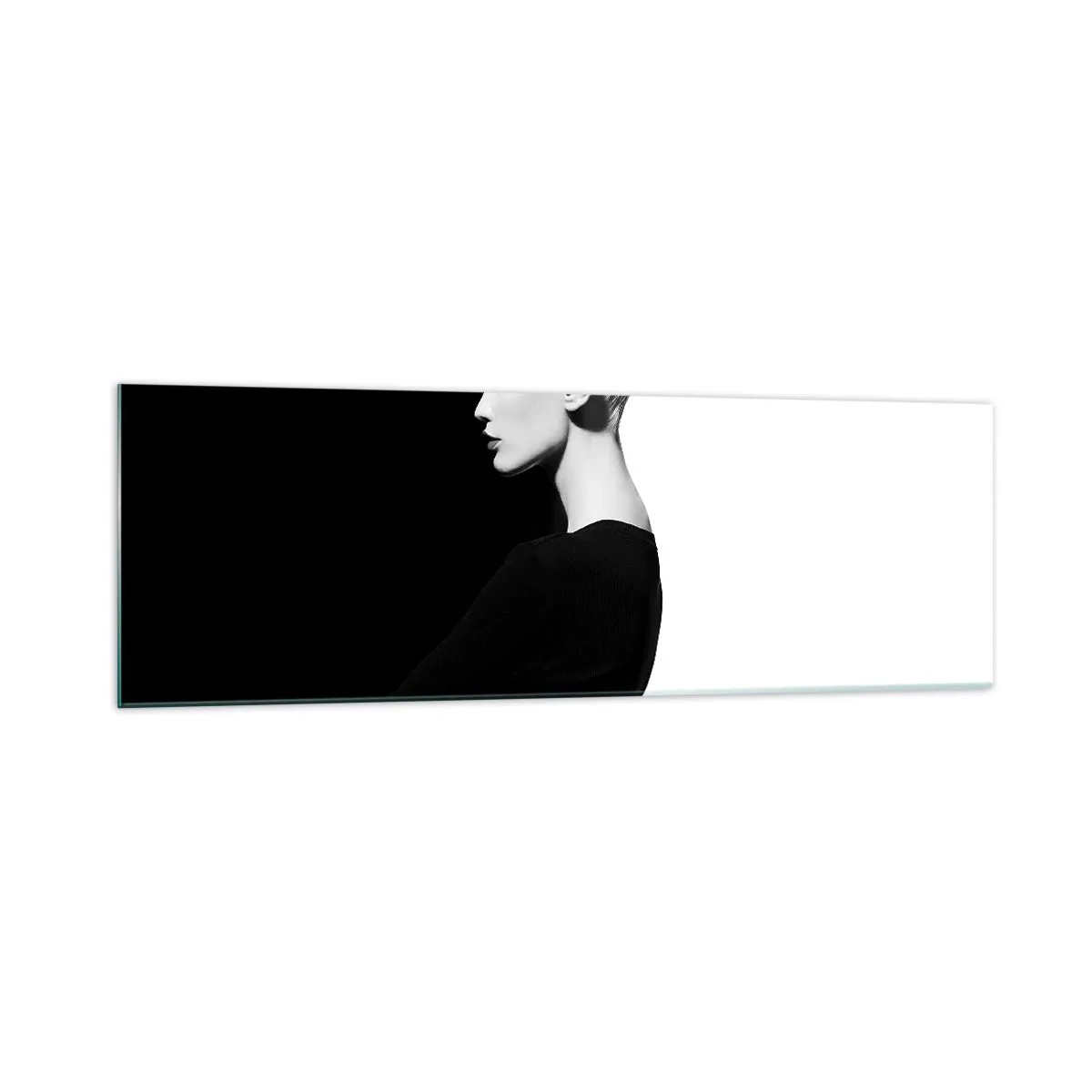 Cuadro sobre vidrio - Impresiones sobre Vidrio - Retrato elegante de una mujer sobre un fondo blanco y negro. - 160x50cm - Simplemente femenina - Decoración de pared moderna para salón y dormitorio ARTTOR