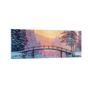 Cuadro sobre vidrio - Impresiones sobre Vidrio - Paisaje invernal con un puente iluminado por el atardecer. - 140x50cm - Las cuatro estaciones: el invierno - Decoración de pared moderna para salón y dormitorio ARTTOR