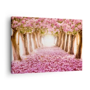 Cuadro sobre lienzo - Impresión de Imagen - Una avenida de árboles en flor en tonos rosa. - 70x50cm - El camino al paraíso - Decoración de pared moderna para salón y dormitorio ARTTOR