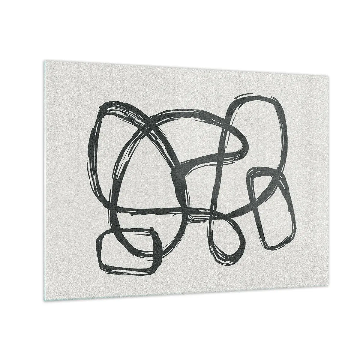 Cuadro sobre vidrio - Impresiones sobre Vidrio - Los bucles y líneas negros forman una composición abstracta sobre un fondo blanco. - 70x50cm - Abstracción en bucle - Decoración de pared moderna para salón y dormitorio ARTTOR