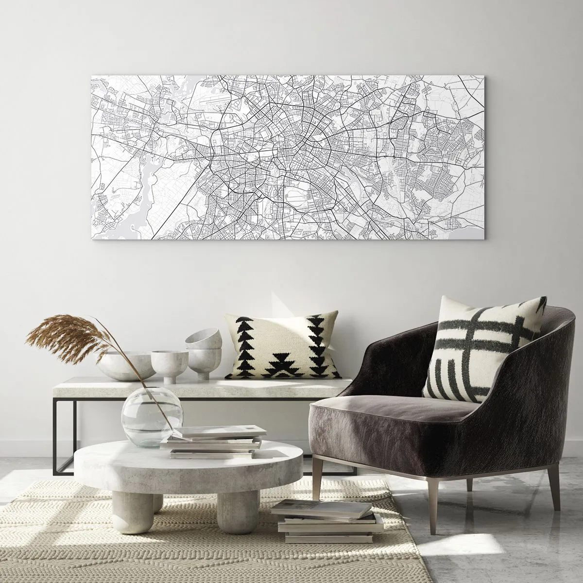 Cuadro sobre vidrio - Impresiones sobre Vidrio - Mapa detallado de la ciudad en blanco y negro - 120x50cm - Flor de Berlín - Decoración de pared moderna para salón y dormitorio ARTTOR