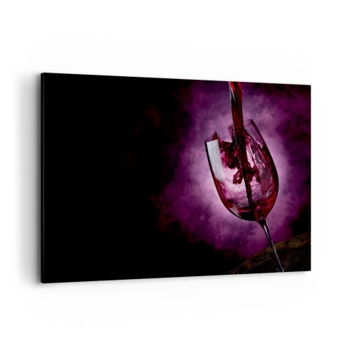 Cuadro sobre lienzo - Impresión de Imagen - Vino tinto vertido en una copa sobre un fondo de humo púrpura. - 120x80cm - ¿Escarlata? ¿Carmín? No, rubí. - Decoración de pared moderna para salón y dormitorio ARTTOR