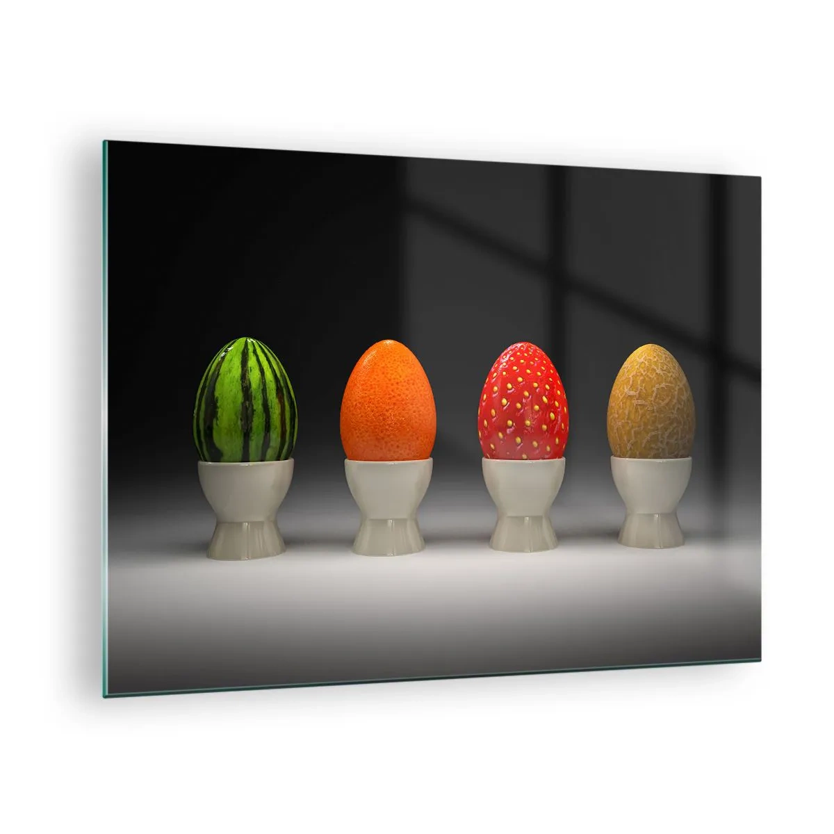 Cuadro sobre vidrio - Impresiones sobre Vidrio - Huevos en cáscaras de fruta en un soporte - 70x50cm - Desayuno de frutas - Decoración de pared moderna para salón y dormitorio ARTTOR