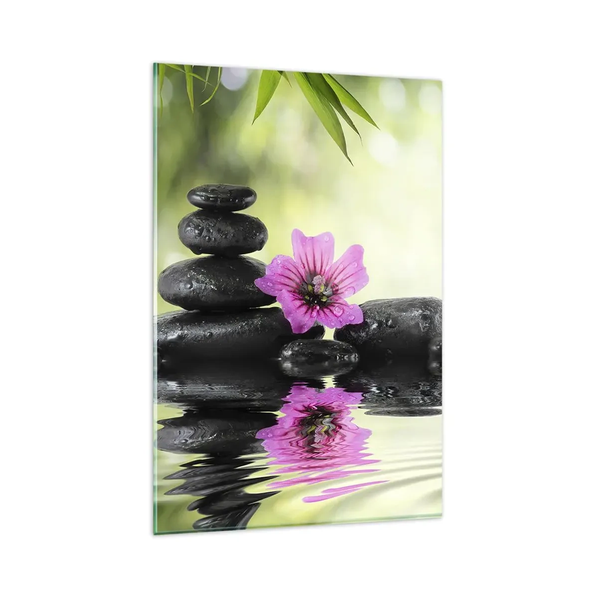 Cuadro sobre vidrio - Impresiones sobre Vidrio - Piedras zen y una flor rosa reflejada en el agua. - 80x120cm - Tiempo para el alma - Decoración de pared moderna para salón y dormitorio ARTTOR