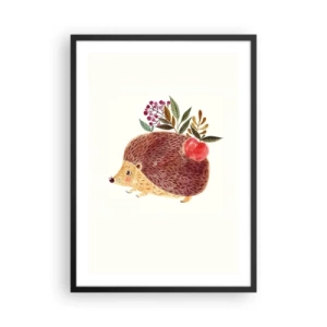 Póster en marco negro - Un lindo erizo con una manzana y ramitas sobre un fondo claro. - 50x70cm - Y ya te gusto - Decoración de pared moderna para salón y dormitorio ARTTOR
