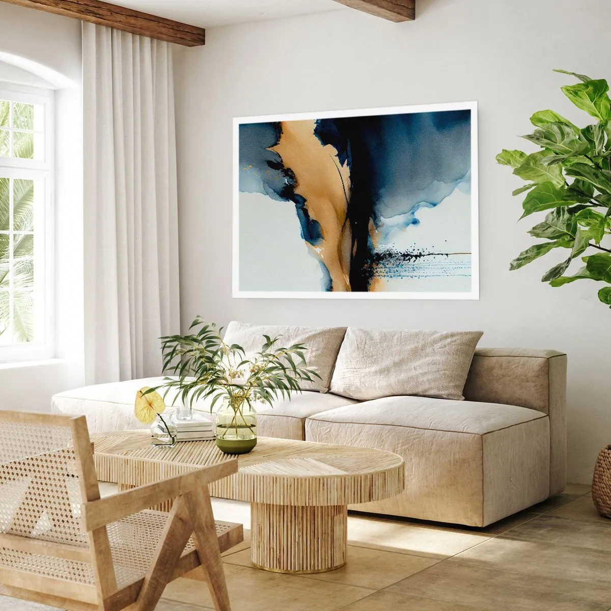 Póster - Una composición abstracta en tonos azul marino y dorado. - 100x70cm - Tras el telón - Decoración de pared moderna para salón y dormitorio ARTTOR