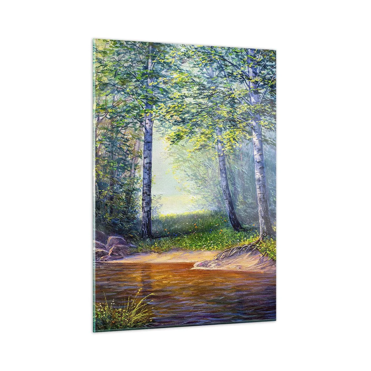 Cuadro sobre vidrio - Impresiones sobre Vidrio - Un arroyo forestal rodeado de árboles bajo los rayos del sol. - 50x70cm - Paisaje idílico - Decoración de pared moderna para salón y dormitorio ARTTOR