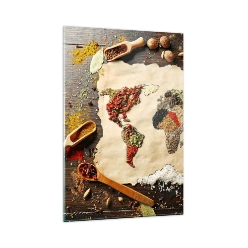 Cuadro sobre vidrio - Impresiones sobre Vidrio - Un mapa del mundo hecho de especias sobre un fondo de madera. - 80x120cm - Todos los sabores del mundo - Decoración de pared moderna para salón y dormitorio ARTTOR