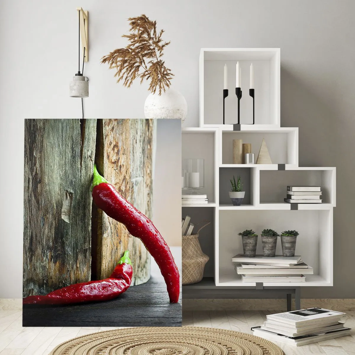 Cuadro sobre vidrio - Impresiones sobre Vidrio - Dos chiles rojos sobre un fondo de madera con acento rústico. - 80x120cm - Pimientos rojos picantes - Decoración de pared moderna para salón y dormitorio ARTTOR