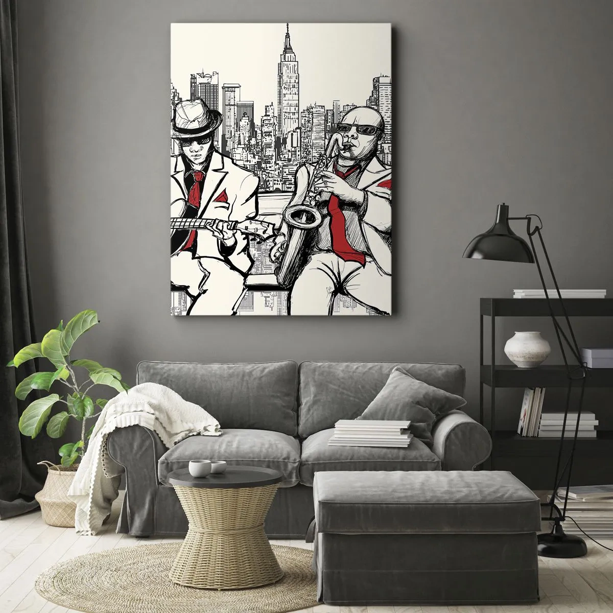 Cuadro sobre lienzo - Impresión de Imagen - Un dúo de jazz con saxofón y guitarra con la ciudad como telón de fondo. - 50x70cm - Improvisación en Nueva York - Decoración de pared moderna para salón y dormitorio ARTTOR