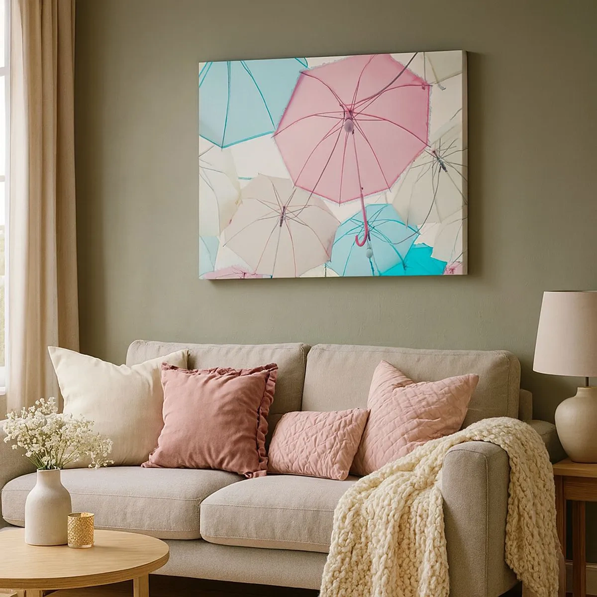 Cuadro sobre lienzo - Impresión de Imagen - Paraguas pastel contra un cielo brillante - 70x50cm - A veces el sol, a veces la lluvia - Decoración de pared moderna para salón y dormitorio ARTTOR