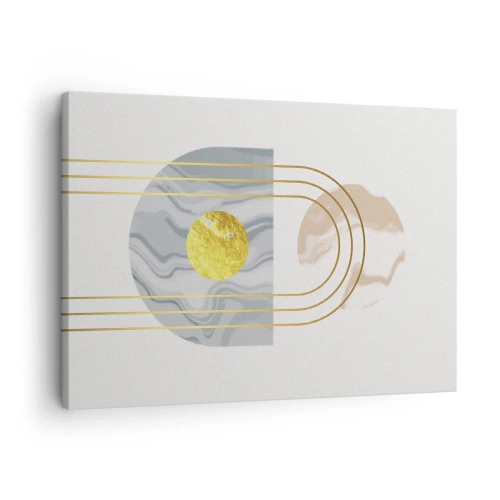 Cuadro sobre lienzo - Impresión de Imagen - Composición abstracta con círculos y líneas doradas sobre fondo claro. - 70x50cm - Brillo y resplandor - Decoración de pared moderna para salón y dormitorio ARTTOR