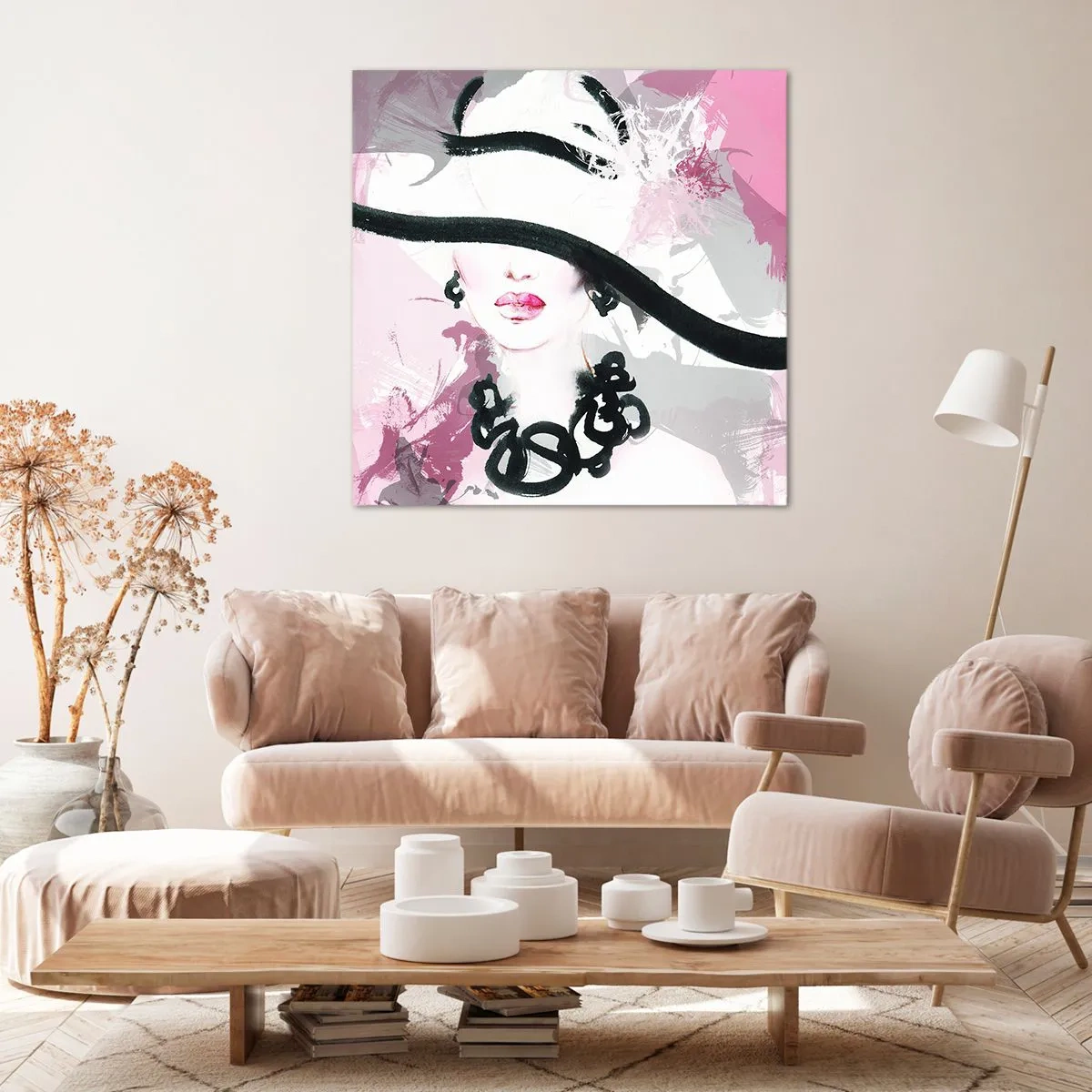 Cuadro sobre lienzo - Impresión de Imagen - Retrato de una dama en negro y rosa - 30x30 cm
