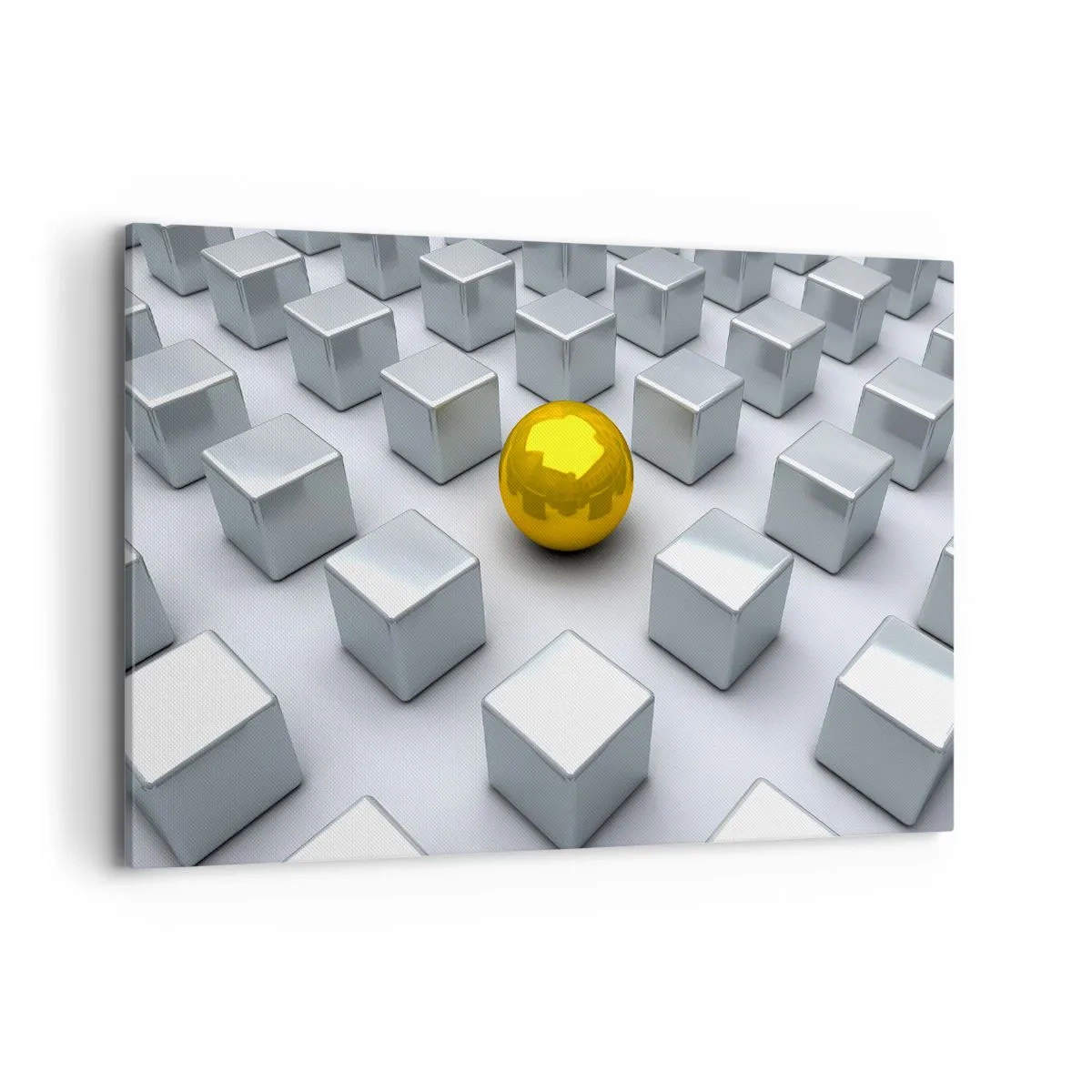 Cuadro sobre lienzo - Impresión de Imagen - Una esfera dorada que destaca entre los cubos plateados. - 120x80cm - ¿Por qué yo? Composición geométrica - Decoración de pared moderna para salón y dormitorio ARTTOR