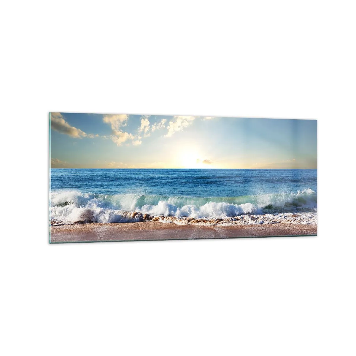 Cuadro sobre vidrio - Impresiones sobre Vidrio - Una playa soleada con olas rompiendo en la orilla. - 120x50cm - Movimiento y quietud al mismo tiempo - Decoración de pared moderna para salón y dormitorio ARTTOR