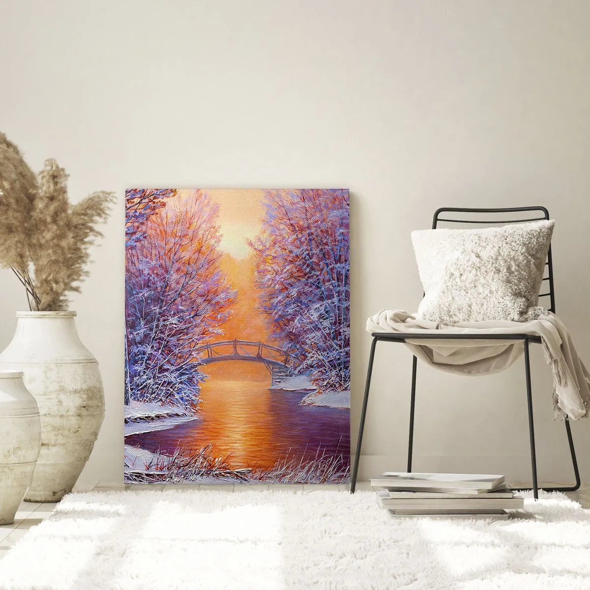 Cuadro sobre vidrio - Impresiones sobre Vidrio - Paisaje invernal con un puente y árboles cubiertos de nieve al atardecer. - 50x70cm - Reunámonos aquí - Decoración de pared moderna para salón y dormitorio ARTTOR