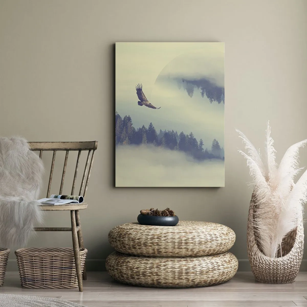 Cuadro sobre lienzo - Impresión de Imagen - Un águila en vuelo con un telón de fondo de montañas brumosas con un motivo circular artístico. - 70x100cm - Vi la sombra de un águila - Decoración de pared moderna para salón y dormitorio ARTTOR