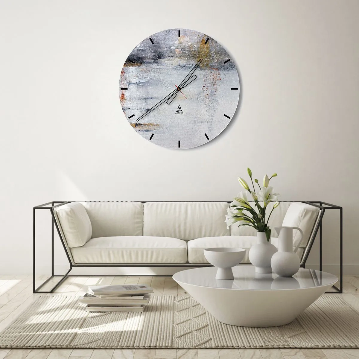 Reloj de pared - Reloj de vidrio - Una composición abstracta en tonos grises y dorados. - 30x30cm - Tras una cortina de aire - Decoración de pared moderna para salón, cocina y dormitorio ARTTOR