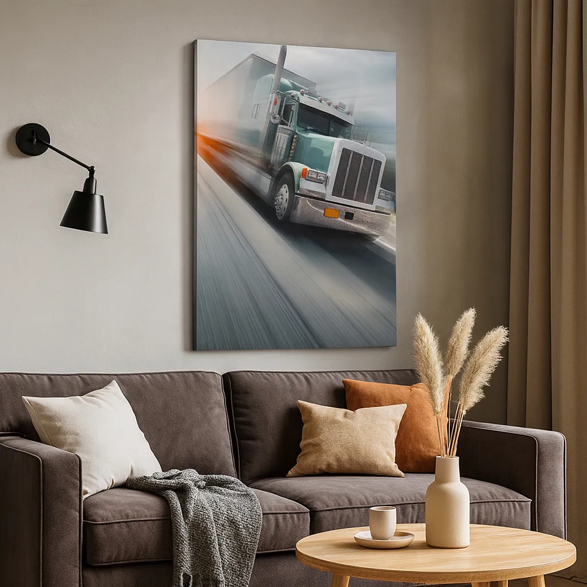 Cuadro sobre lienzo - Impresión de Imagen - Un camión en la carretera en movimiento al atardecer. - 50x70cm - Un gigante norteamericano en apuros - Decoración de pared moderna para salón y dormitorio ARTTOR