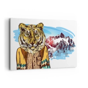 Cuadro sobre lienzo - Impresión de Imagen - Un tigre con abrigo frente a un paisaje montañoso. - 120x80cm - No es tan salvaje como dicen - Decoración de pared moderna para salón y dormitorio ARTTOR
