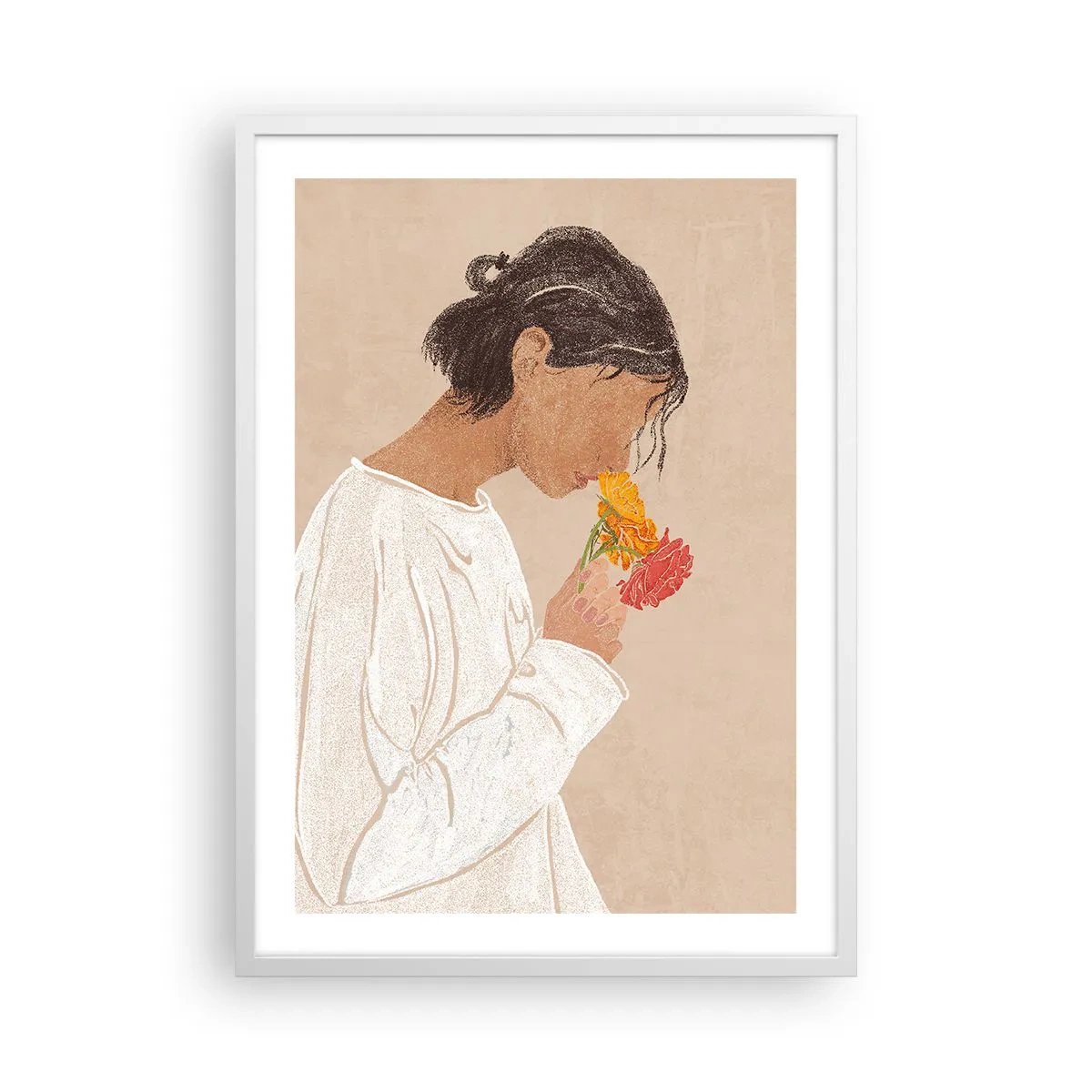 Póster en marco blanco - Joven con flores - 50x70 cm