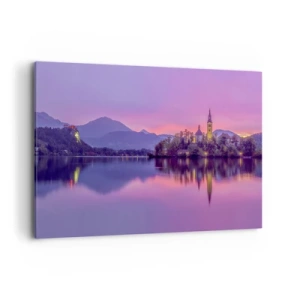 Cuadro sobre lienzo - Impresión de Imagen - Lago con una isla y una iglesia al atardecer - 100x70cm - Isla de cuento de hadas al atardecer  - Decoración de pared moderna para salón y dormitorio ARTTOR