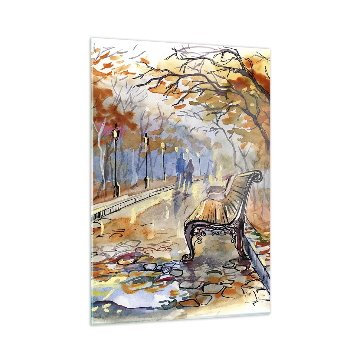 Cuadro sobre vidrio - Impresiones sobre Vidrio - Un callejón otoñal con un banco en estilo artístico de acuarela. - 50x70cm - Caminemos juntos hacia el otoño - Decoración de pared moderna para salón y dormitorio ARTTOR