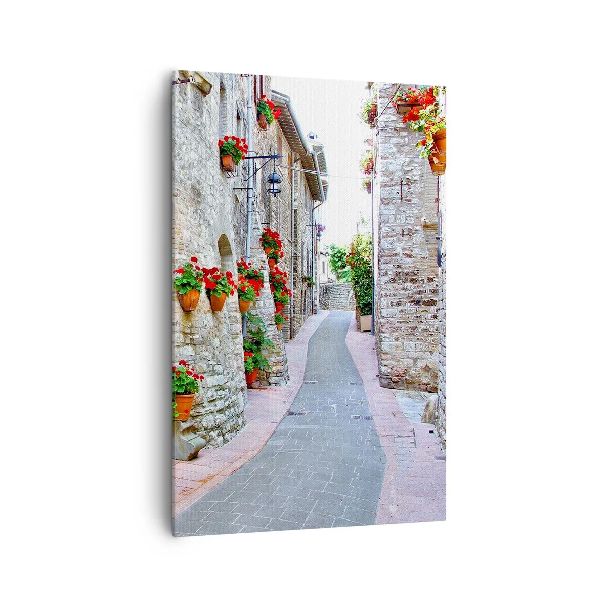 Cuadro sobre lienzo - Impresión de Imagen - Una calle estrecha con edificios de piedra decorados con macetas. - 80x120cm - Ambiente italiano - Decoración de pared moderna para salón y dormitorio ARTTOR