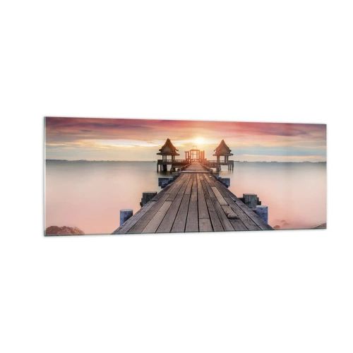 Cuadro sobre vidrio - Impresiones sobre Vidrio - Muelle de madera que conduce a los miradores al atardecer - 140x50cm - De este a oeste - Decoración de pared moderna para salón y dormitorio ARTTOR