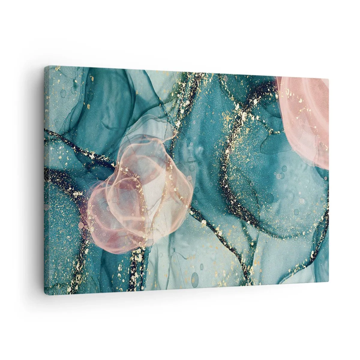 Cuadro sobre lienzo - Impresión de Imagen - Una composición abstracta en tonos turquesa y dorado. - 70x50cm - Seda azul, tul rosa - Decoración de pared moderna para salón y dormitorio ARTTOR